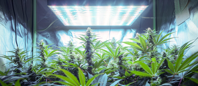 Cannabispflanze in einer Growbox unter einer LED-Leuchte