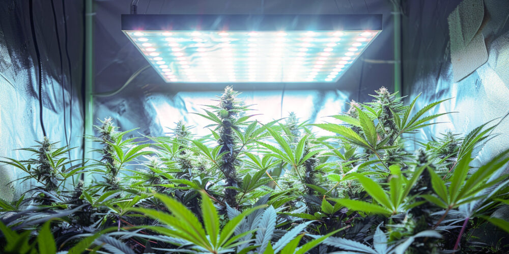 Cannabispflanze in einer Growbox unter einer LED-Leuchte